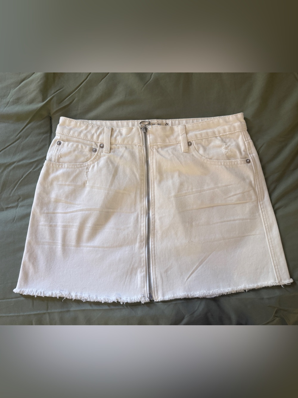 We The Free White Front Zip Denim Mini Skirt with Raw Hem
